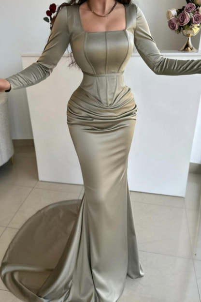 Simple Long Mermaid Square Neck Satin Prom Evening Dresses with Long Sleeves