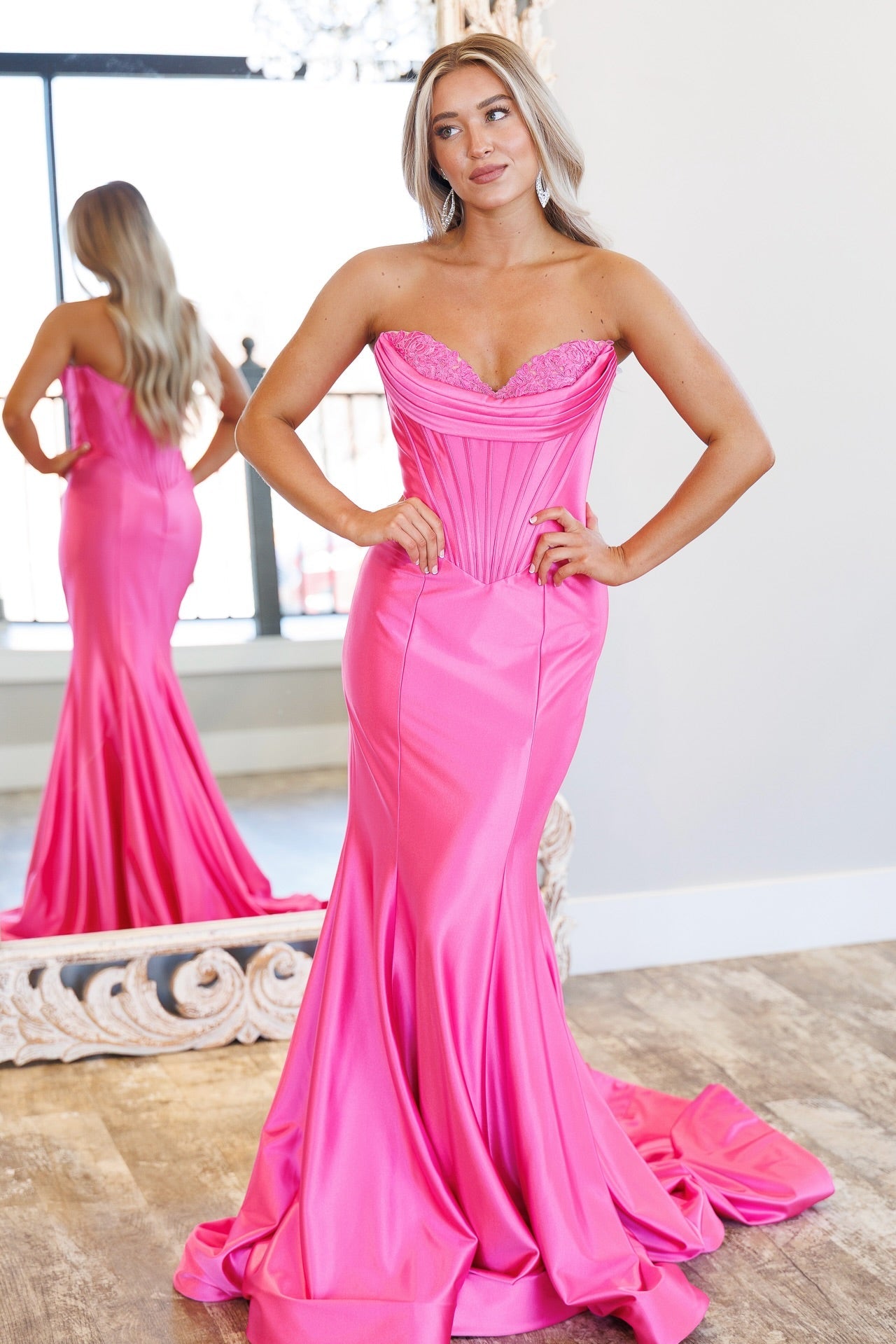 Simple Long Mermaid Strapless Candy Pink Prom Dress with Lace