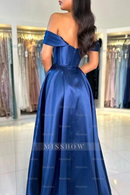 Simple Long Royal Blue Off-the-shoulder A-line Sleeveless Satin Prom Evening Dresses