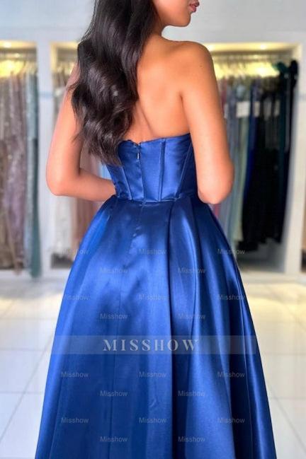 Simple Long Royal Blue Off-the-shoulder A-line Sleeveless Satin Prom Evening Dresses