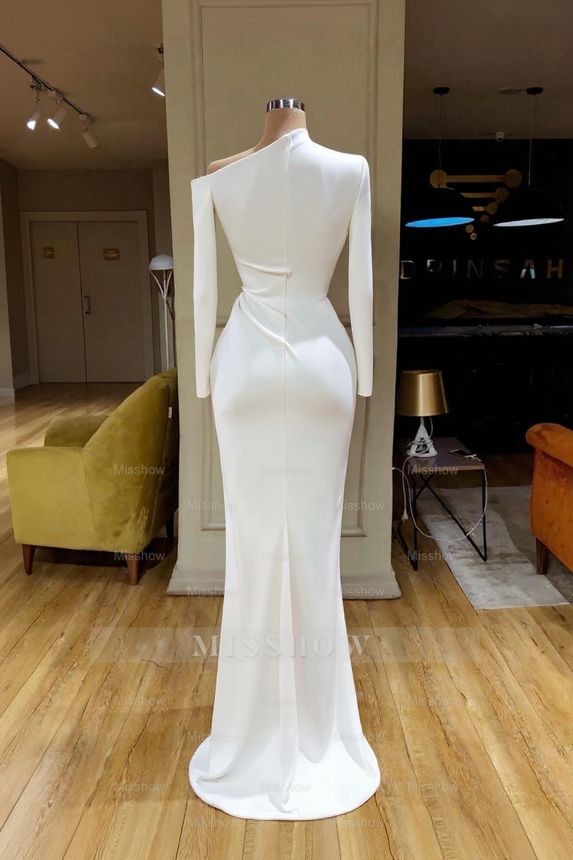 Simple Long White Mermaid Satin Wedding Dress With Long Sleeves