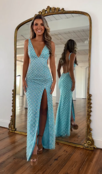 Simple Mint Green Sleeveless V-Neck Beaded Mermaid Prom Dress with Front Split