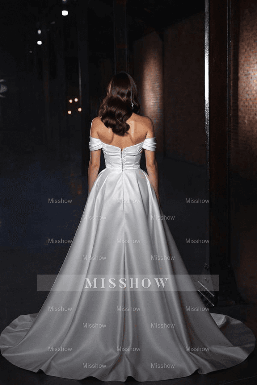 Simple Off-the-shoulder Satin A-line Sleeveless Wedding Dresses With Detachable Train