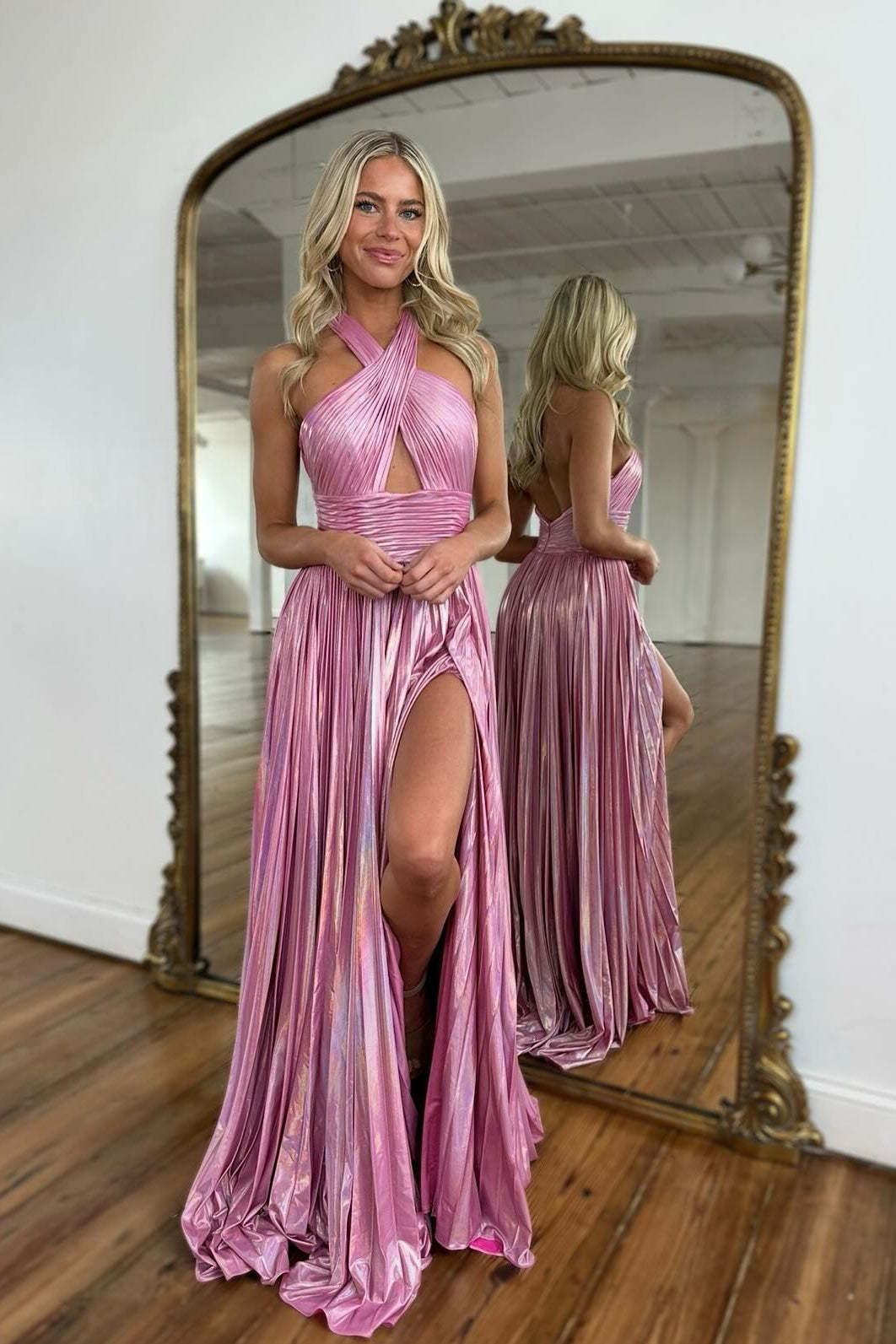 Simple Pink A-Line Halter Sleeveless Backless Prom Dress with Front Split