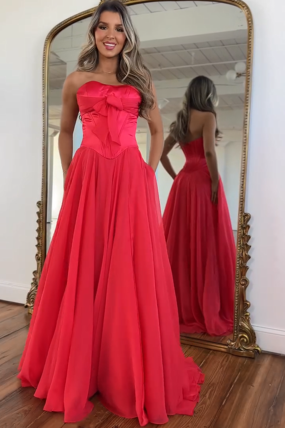 Simple Red A-line Strapless Chiffon Prom Dress with Bow