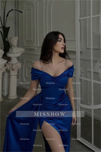 Simple Royal Blue Spaghetti Strap Pleated Long Formal Dress With Split