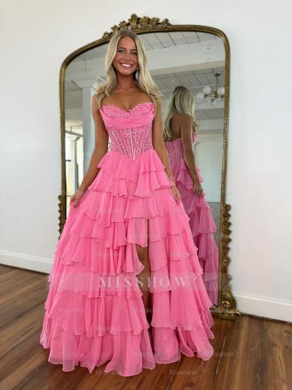 Simple Sky Blue A-Line Sweetheart Sleeveless Prom Dress with Ruffles and Front Split