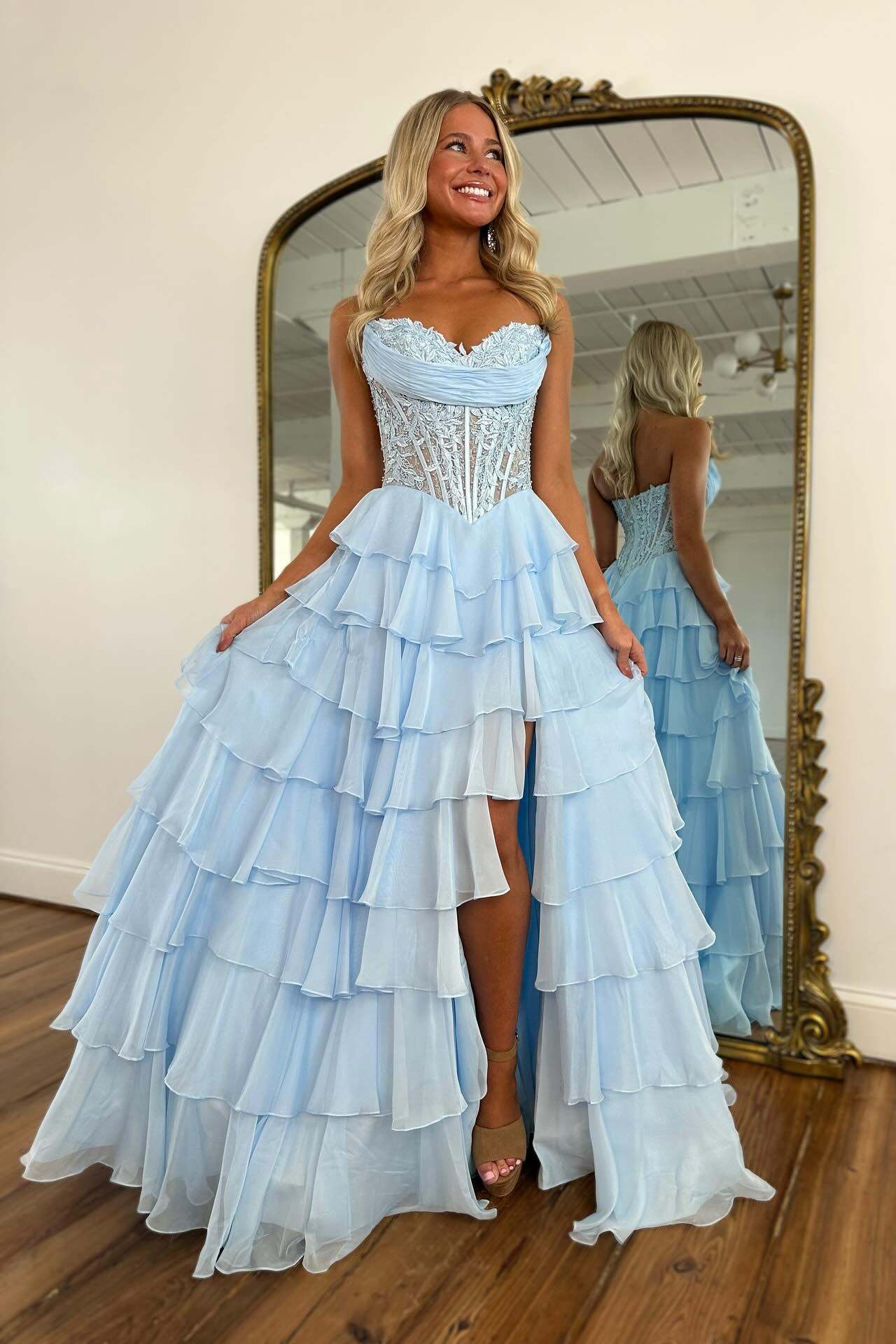Simple Sky Blue A-Line Sweetheart Sleeveless Prom Dress with Ruffles and Front Split