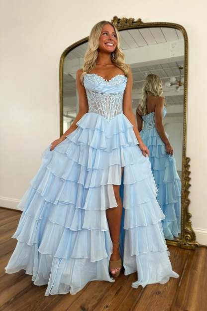 Simple Sky Blue A-Line Sweetheart Sleeveless Prom Dress with Ruffles and Front Split
