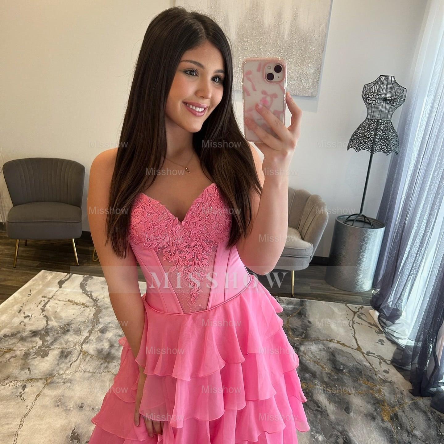 Simple Sweetheart Pink Long Chiffon Strapless Prom Dress