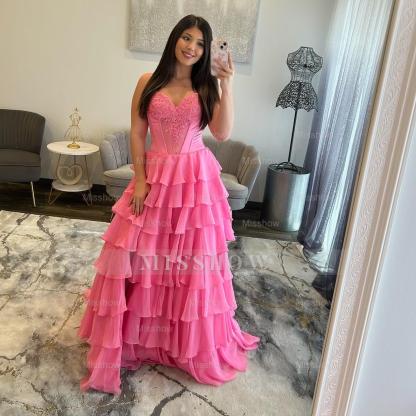 Simple Sweetheart Pink Long Chiffon Strapless Prom Dress