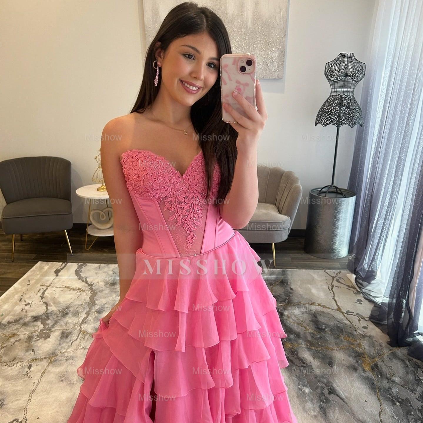 Simple Sweetheart Pink Long Chiffon Strapless Prom Dress