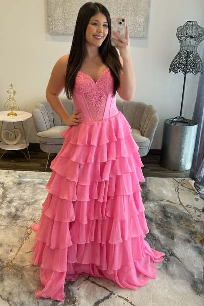 Simple Sweetheart Pink Long Chiffon Strapless Prom Dress