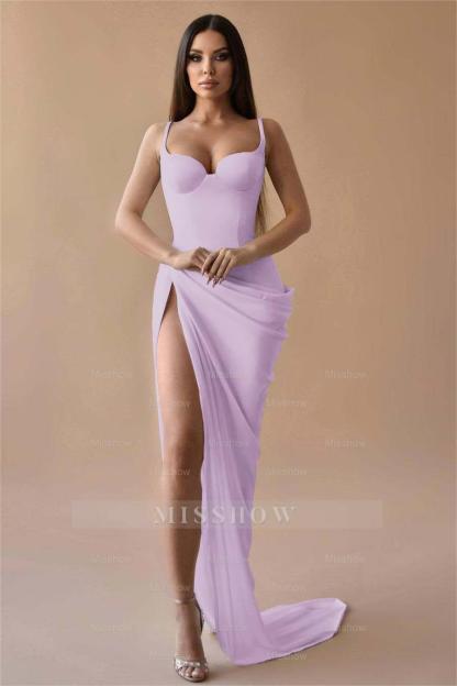 Simple White Spaghetti Strap Sleeveless Pleated Long Formal Dress With Split