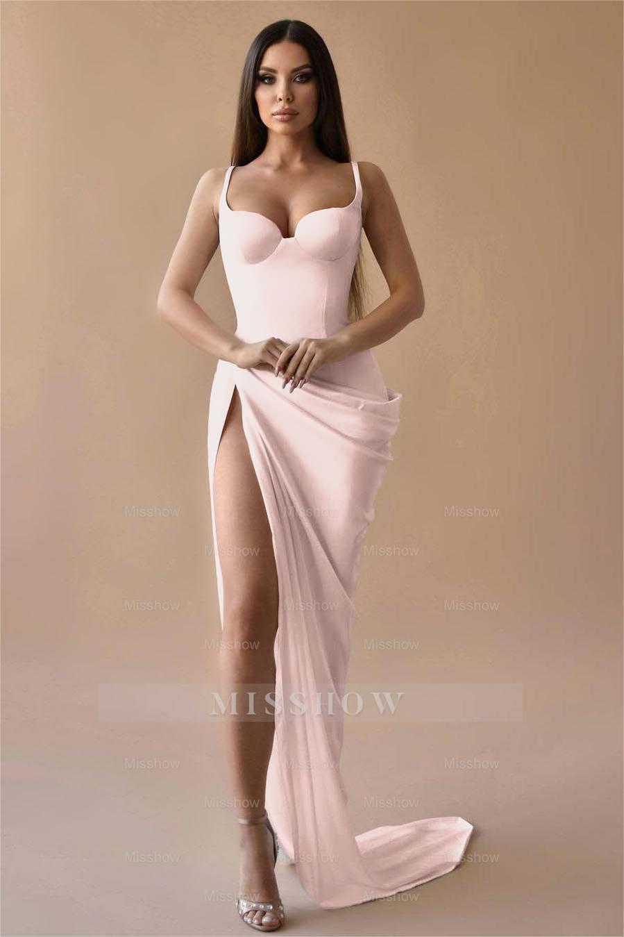 Simple White Spaghetti Strap Sleeveless Pleated Long Formal Dress With Split