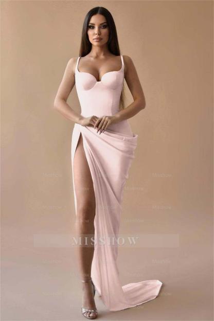 Simple White Spaghetti Strap Sleeveless Pleated Long Formal Dress With Split