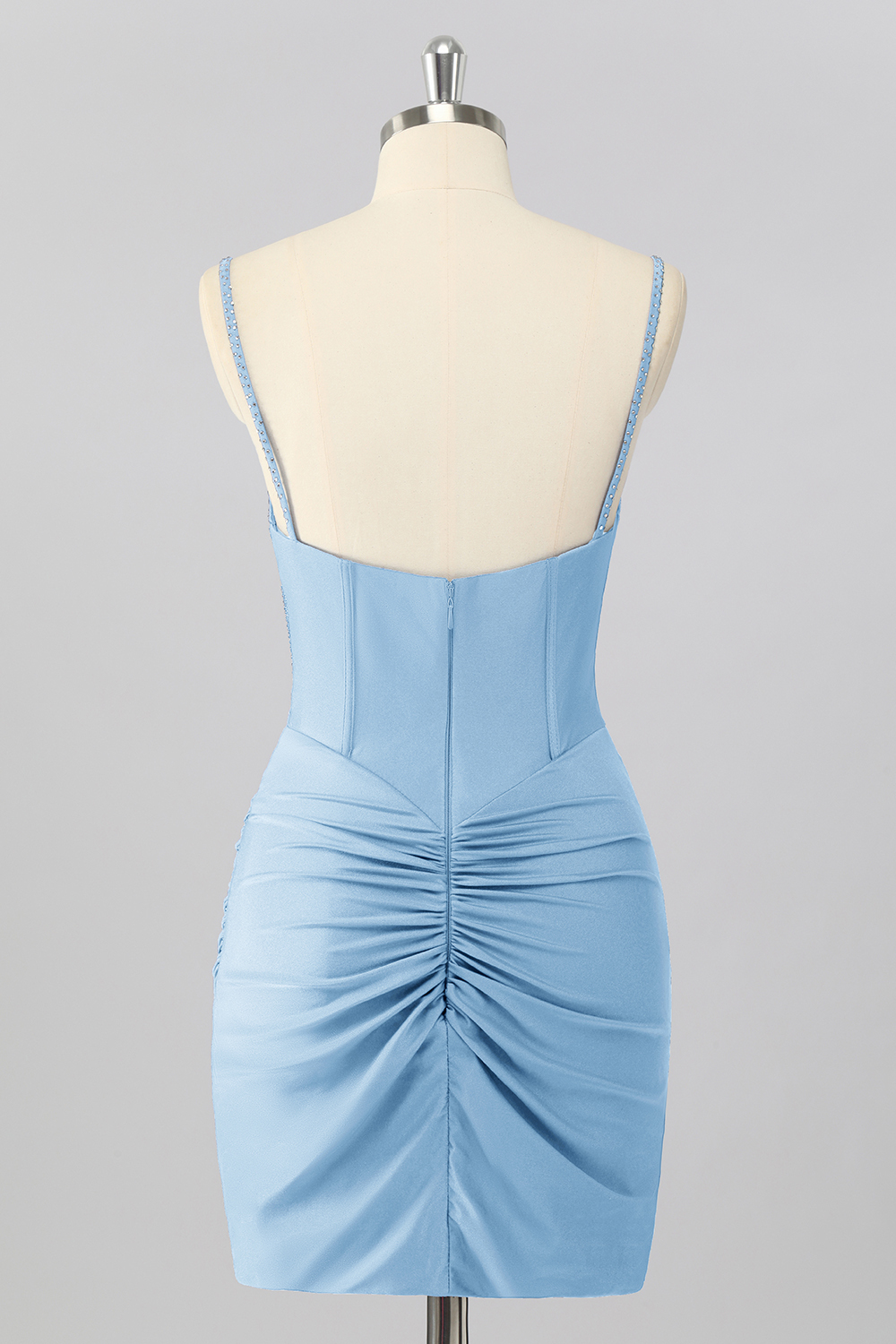 Sparkly Sky Blue Tight Ruched Short Corset Cocktail Dress With Beading