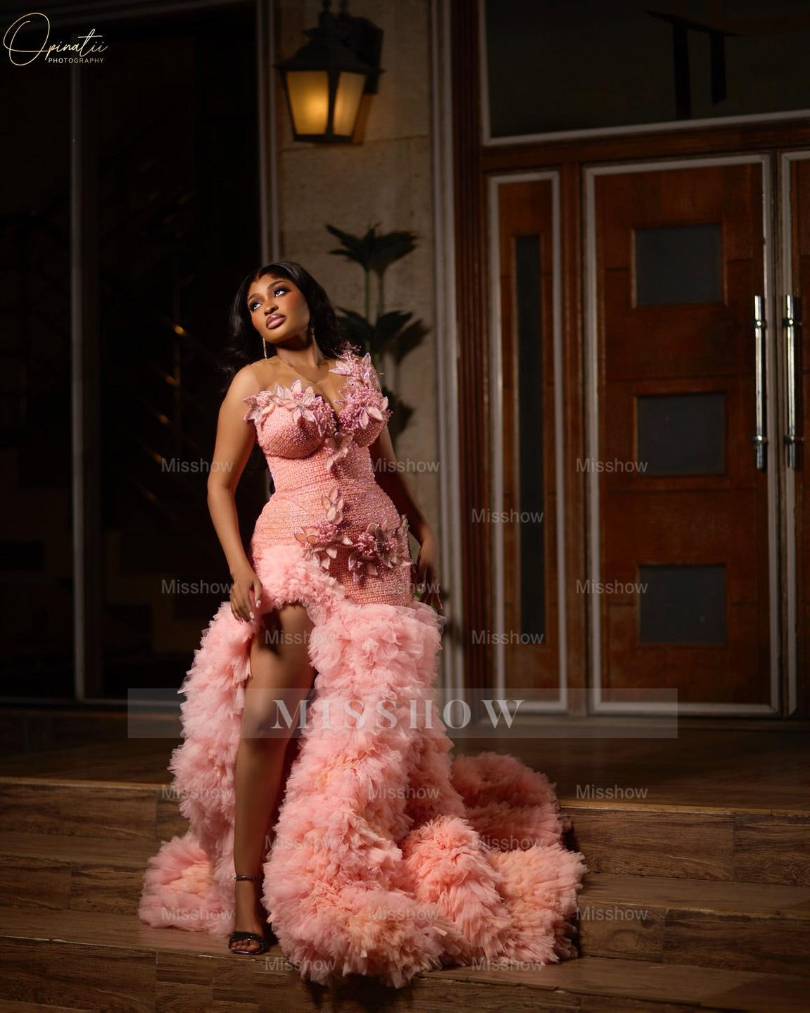 Sleek Long Coral Sweetheart Sleeveless Mermaid Beaded Prom Dress with Ruffles and Slit