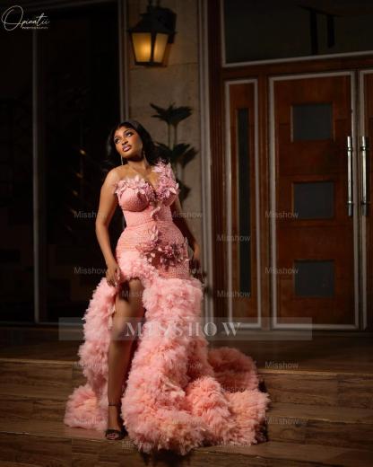 Sleek Long Coral Sweetheart Sleeveless Mermaid Beaded Prom Dress with Ruffles and Slit