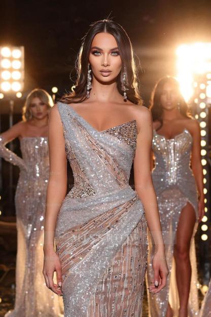 Sleeveless Formal Dress One Shoulder Sequins With Beading Long