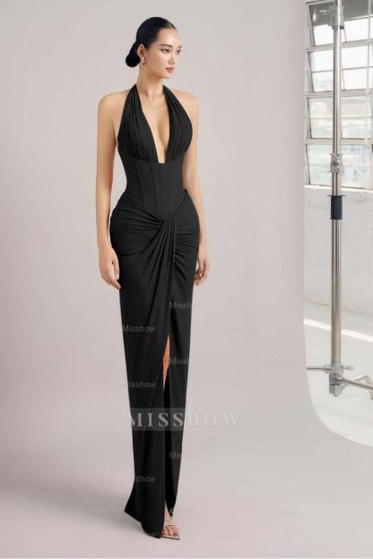 Sleeveless Halter Long Mermaid Split Formal Dress With Pleated