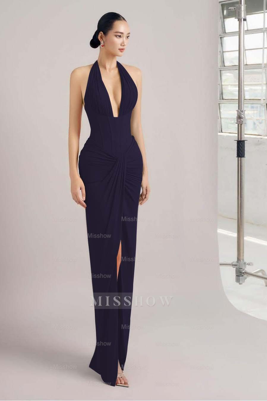 Sleeveless Halter Long Mermaid Split Formal Dress With Pleated