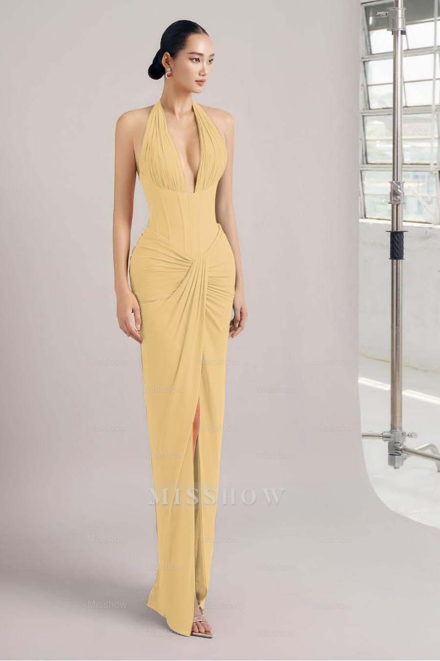 Sleeveless Halter Long Mermaid Split Formal Dress With Pleated