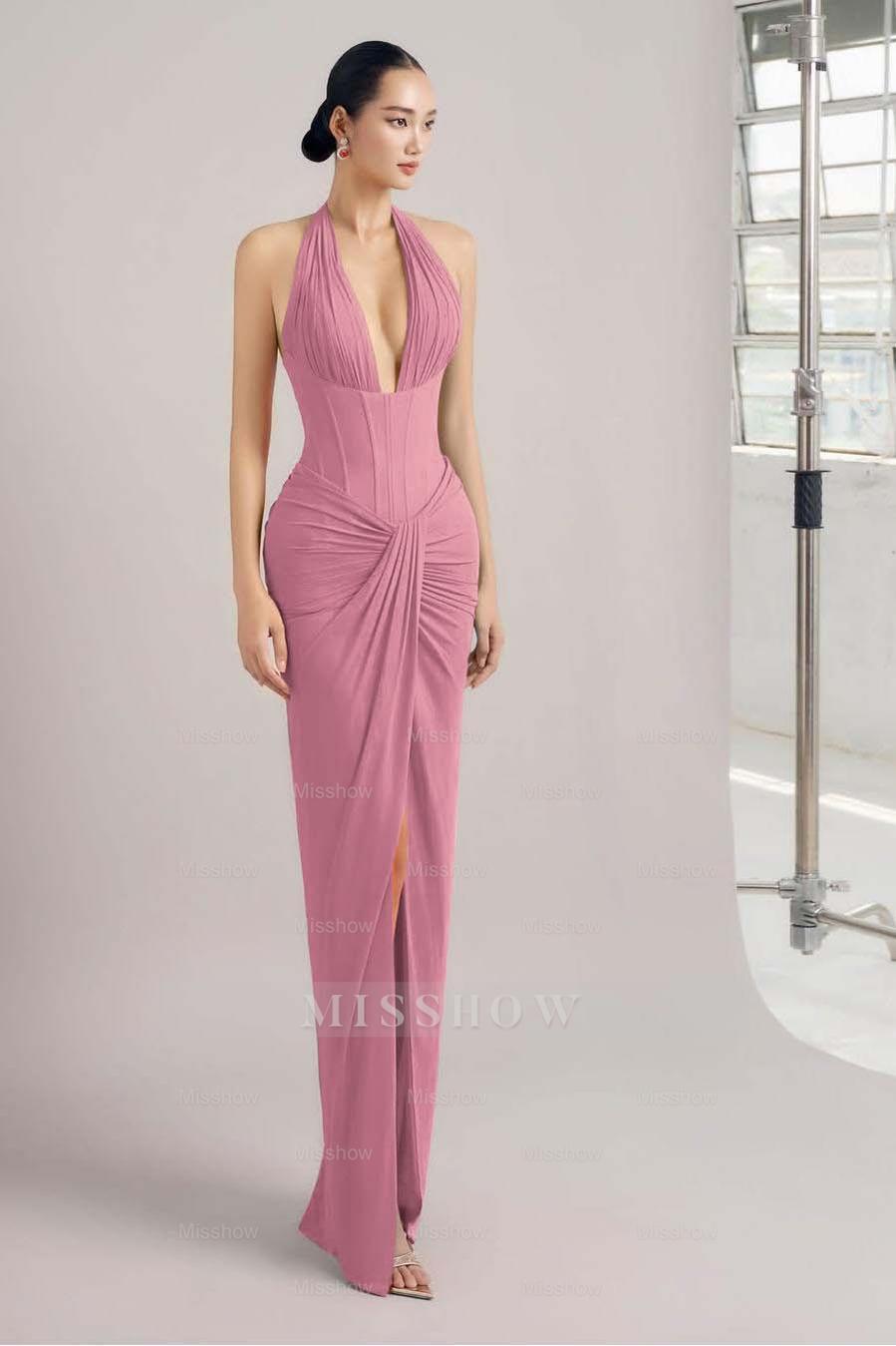 Sleeveless Halter Long Mermaid Split Formal Dress With Pleated