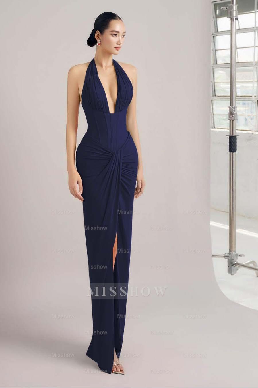 Sleeveless Halter Long Mermaid Split Formal Dress With Pleated