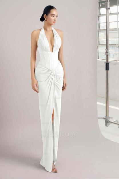 Sleeveless Halter Long Mermaid Split Formal Dress With Pleated