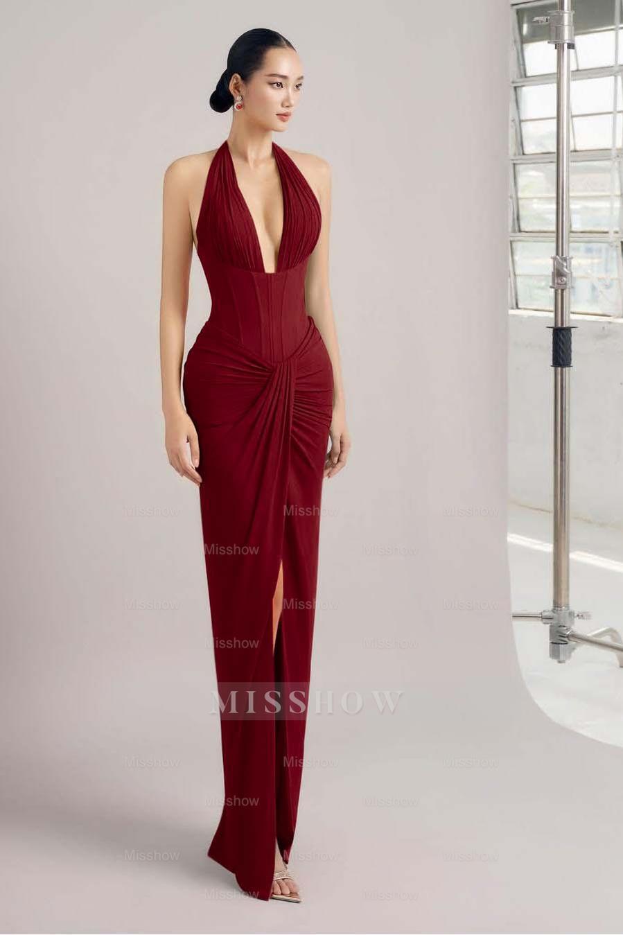 Sleeveless Halter Long Mermaid Split Formal Dress With Pleated