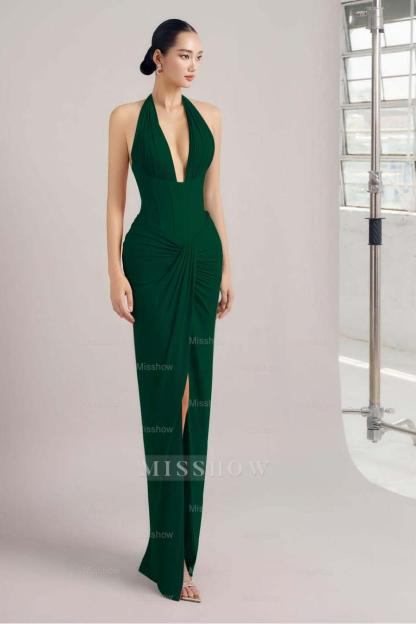 Sleeveless Halter Long Mermaid Split Formal Dress With Pleated