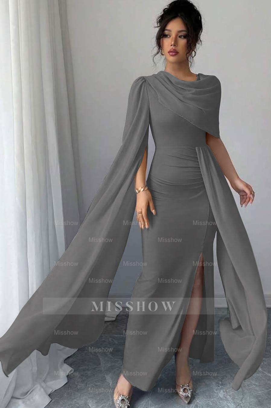 Sleeveless Jewel Neck Long Mermaid Formal Dress With Split Pleated