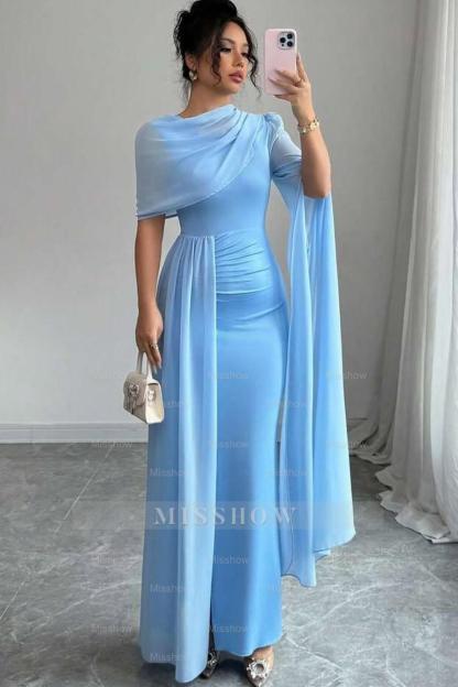 Sleeveless Jewel Neck Long Mermaid Formal Dress With Split Pleated