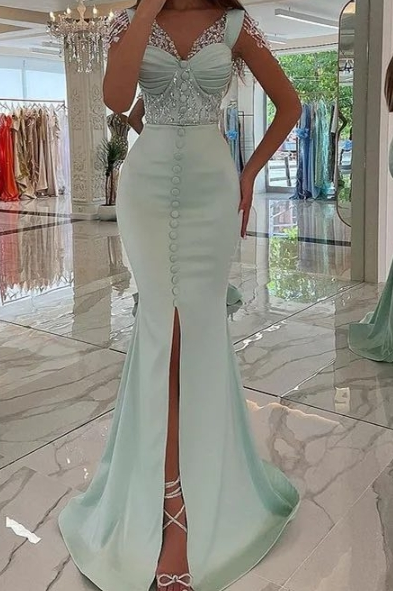 Sleeveless Long Mermaid Front Split Formal Dress With Beading