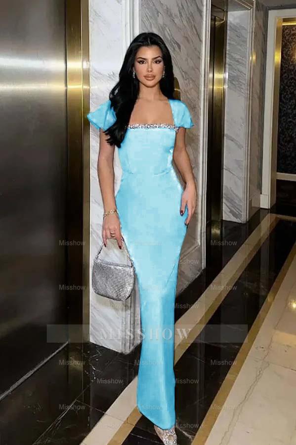 Sleeveless Square Neck Long Mermaid Formal Dress With Pleated Beading