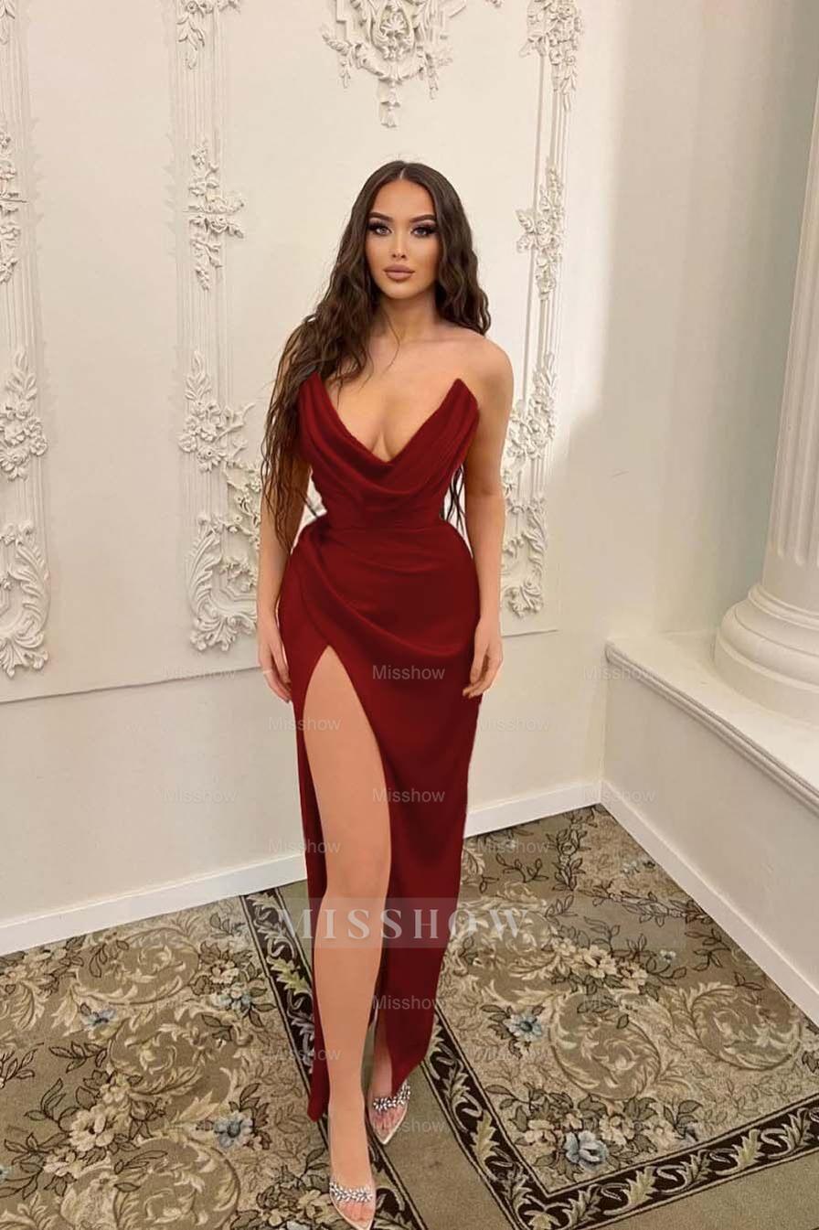 Sleeveless Strapless Long Mermaid Split Formal Dress With Pleated