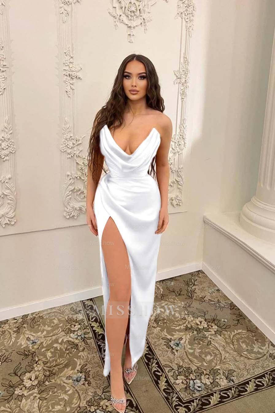 Sleeveless Strapless Long Mermaid Split Formal Dress With Pleated