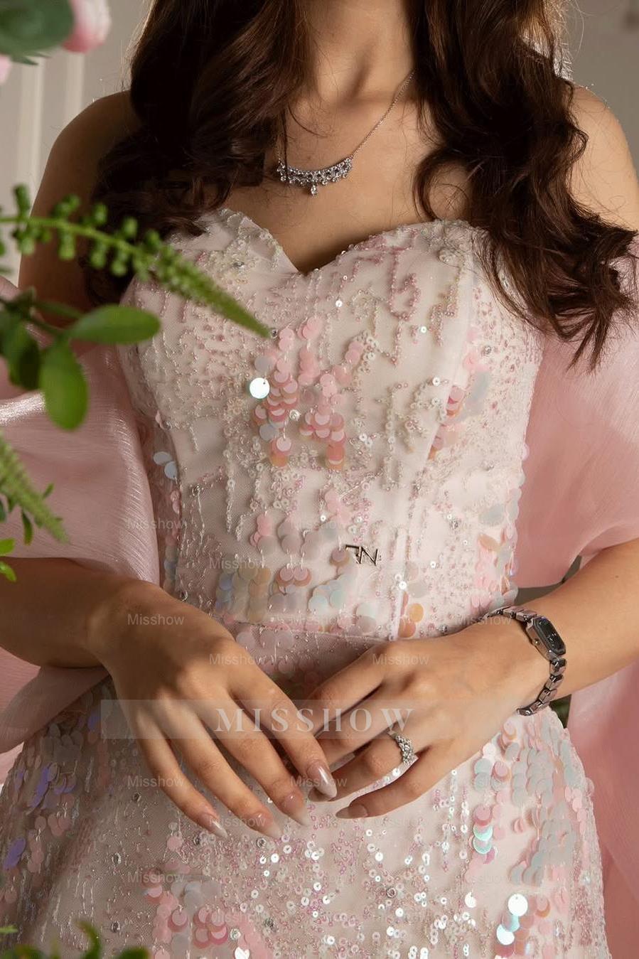 Sleeveless Strapless Mermaid Long Formal Dress With Sequins Ruffles