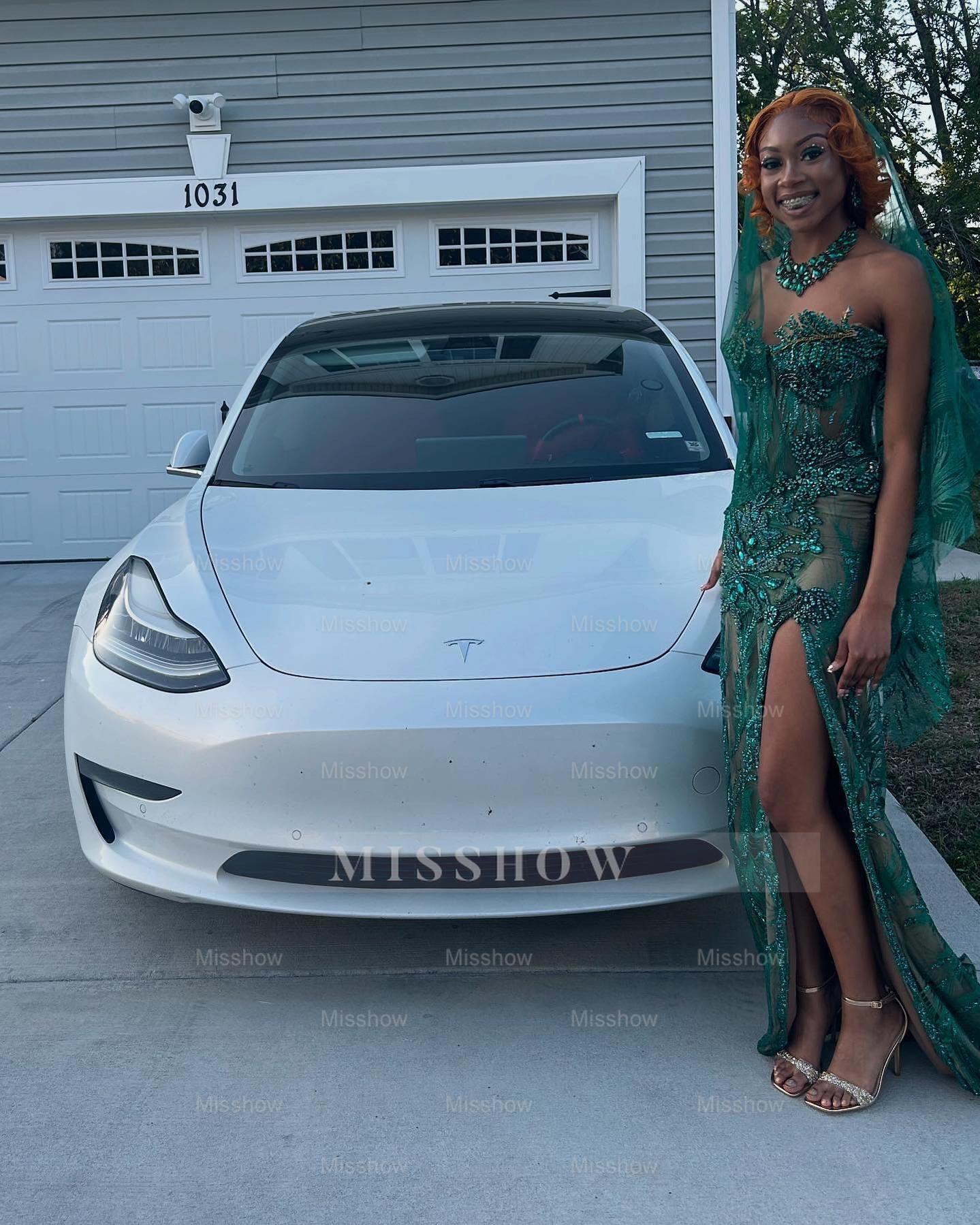 Slim Long Dark Green Sweetheart Sleeveless Column Beaded Prom Dress with Rhinestones and Slit