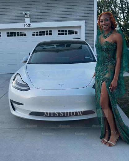 Slim Long Dark Green Sweetheart Sleeveless Column Beaded Prom Dress with Rhinestones and Slit