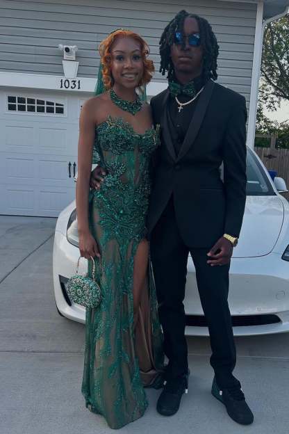 Slim Long Dark Green Sweetheart Sleeveless Column Beaded Prom Dress with Rhinestones and Slit