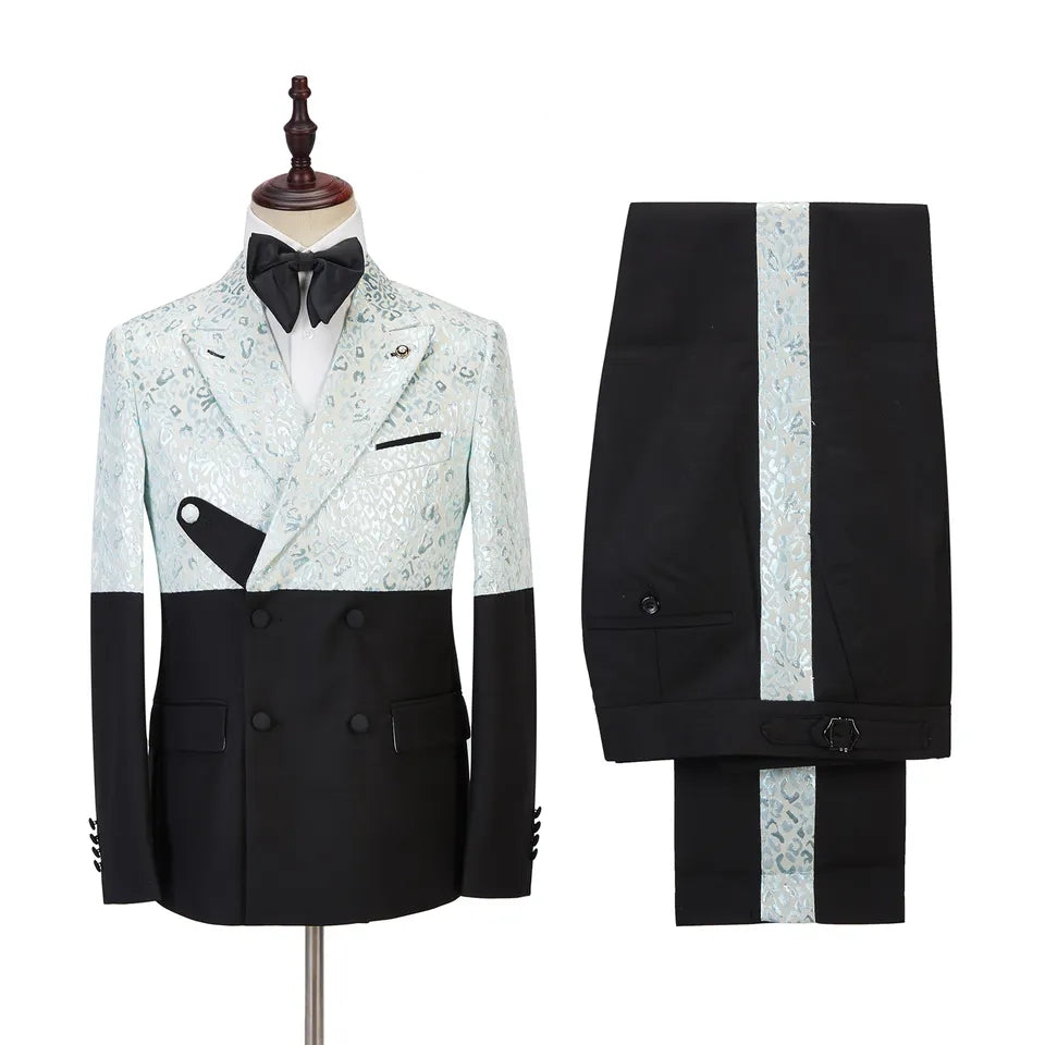 Sky Blue Jacquard Peaked Lapel Double Breasted Latest Prom Suit