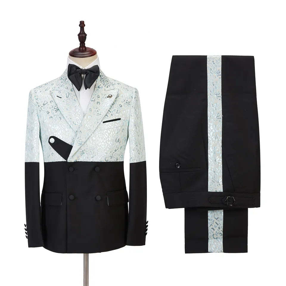 Sky Blue Jacquard Peaked Lapel Double Breasted Latest Prom Suit