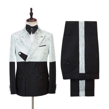 Sky Blue Jacquard Peaked Lapel Double Breasted Latest Prom Suit