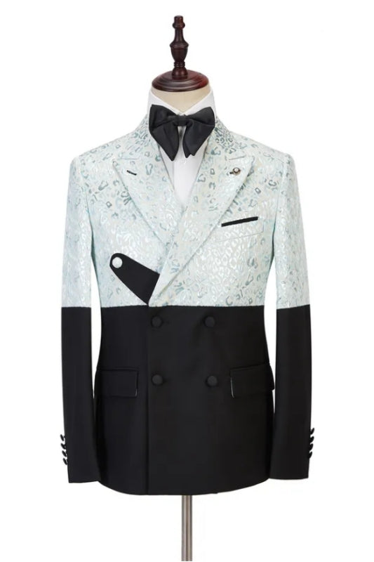 Sky Blue Jacquard Peaked Lapel Double Breasted Latest Prom Suit