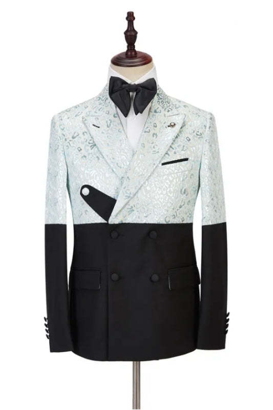 Sky Blue Jacquard Peaked Lapel Double Breasted Latest Prom Suit