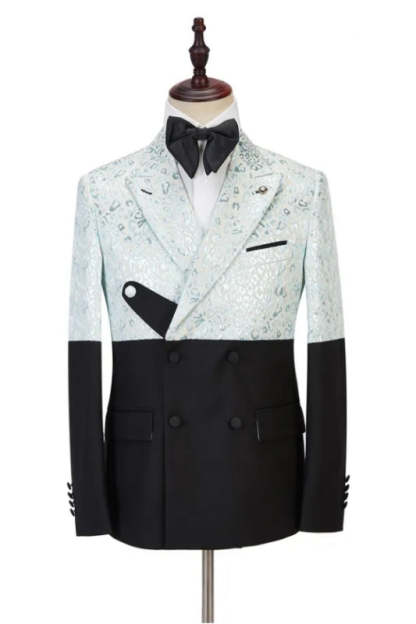 Sky Blue Jacquard Peaked Lapel Double Breasted Latest Prom Suit