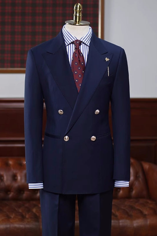 Sophisticated Navy Blue Peaked Lapel Double Breasted Prom Attire