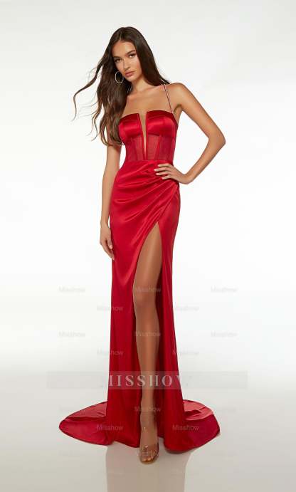 Spaghetti Strap Formal Dress Open Back Long Straight With High Slit